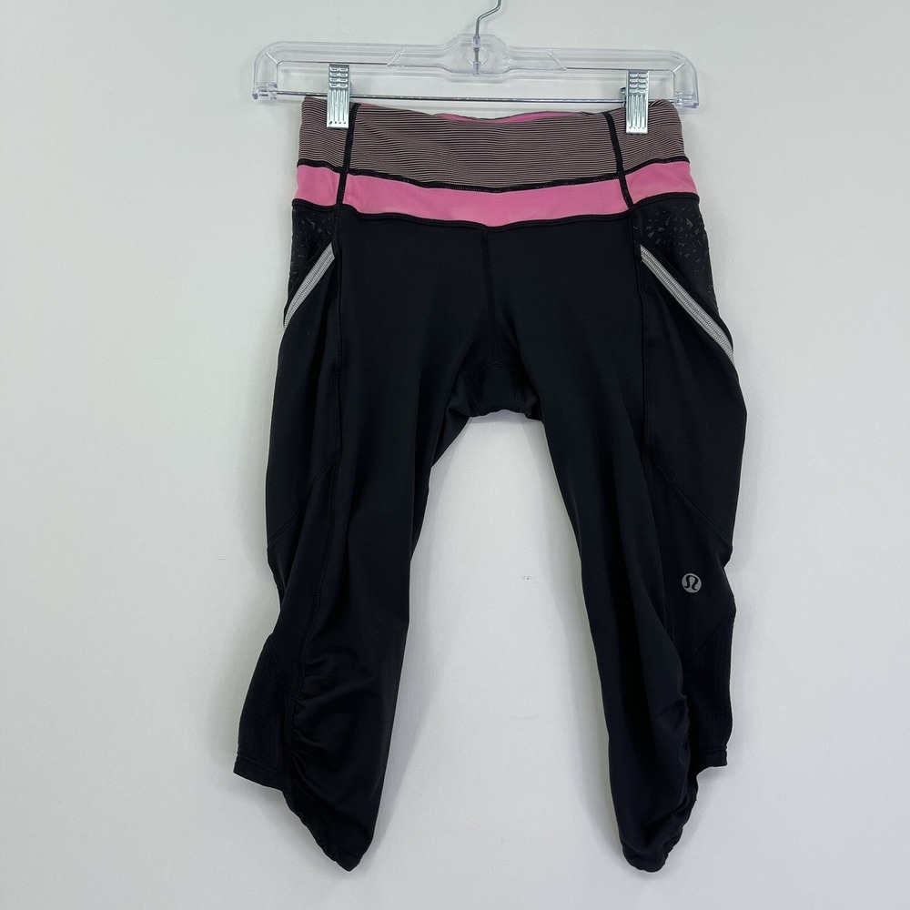 Lululemon Run A Marathon Crop Leggings Womens Size 4 Black Pink Zipper Pockets
